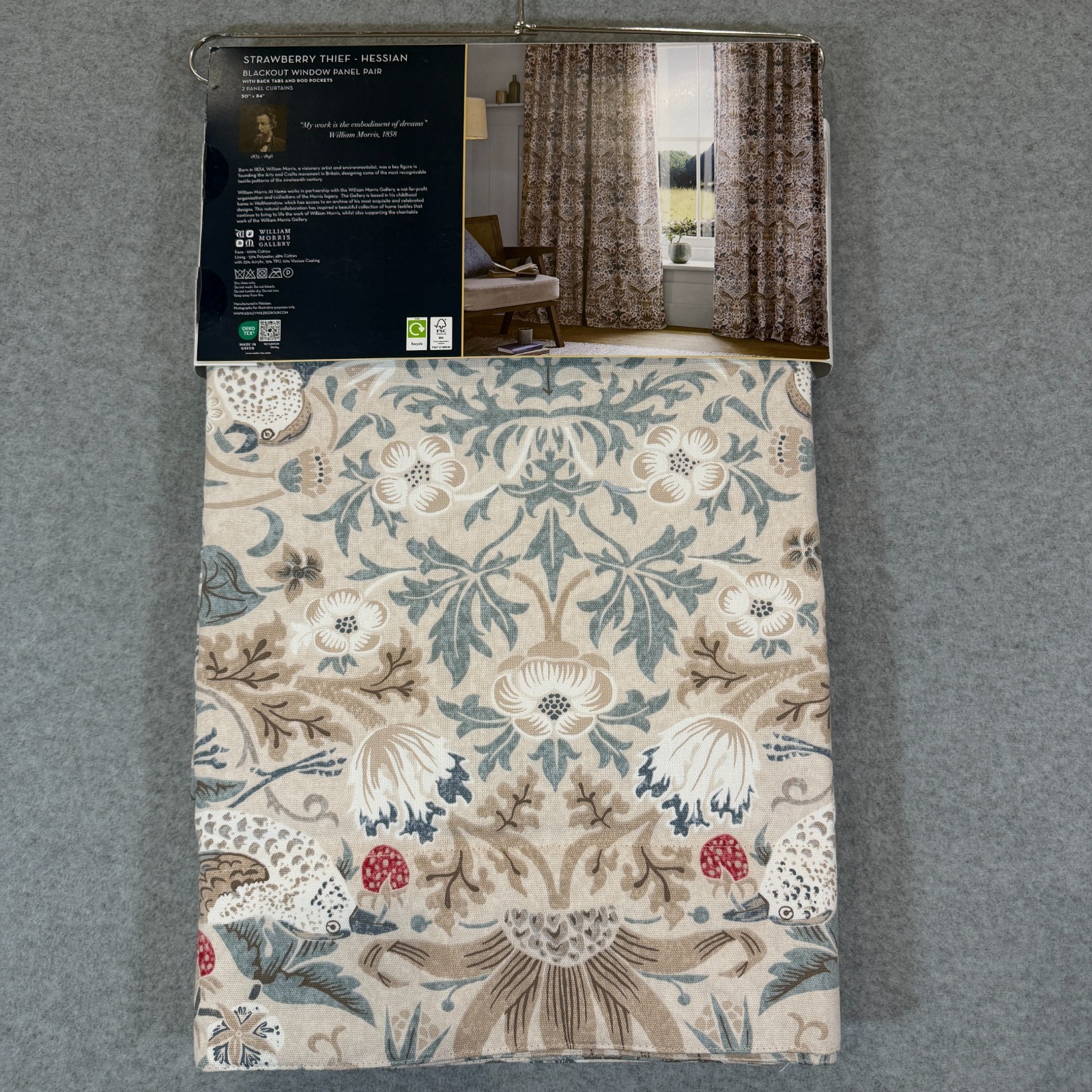 William Morris Strawberry Thief Hessian Blackout Curtain Panel Pair 50"x84” NEW