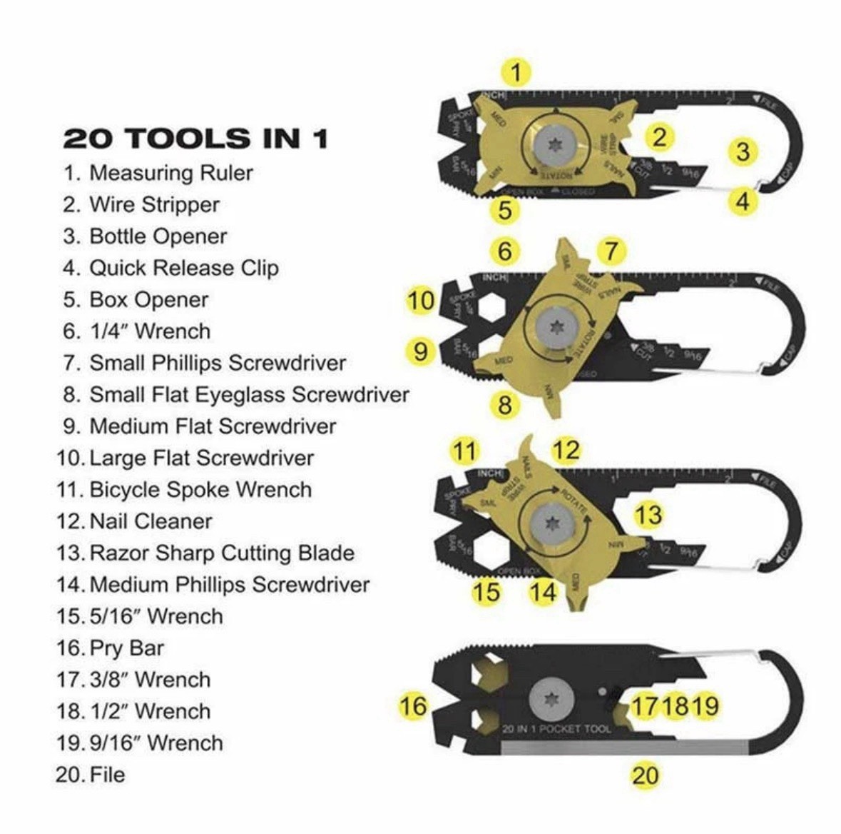 20 In 1 Screwdriver Wrench Keychain Stainless Steel Mini Pocket Multi Tool