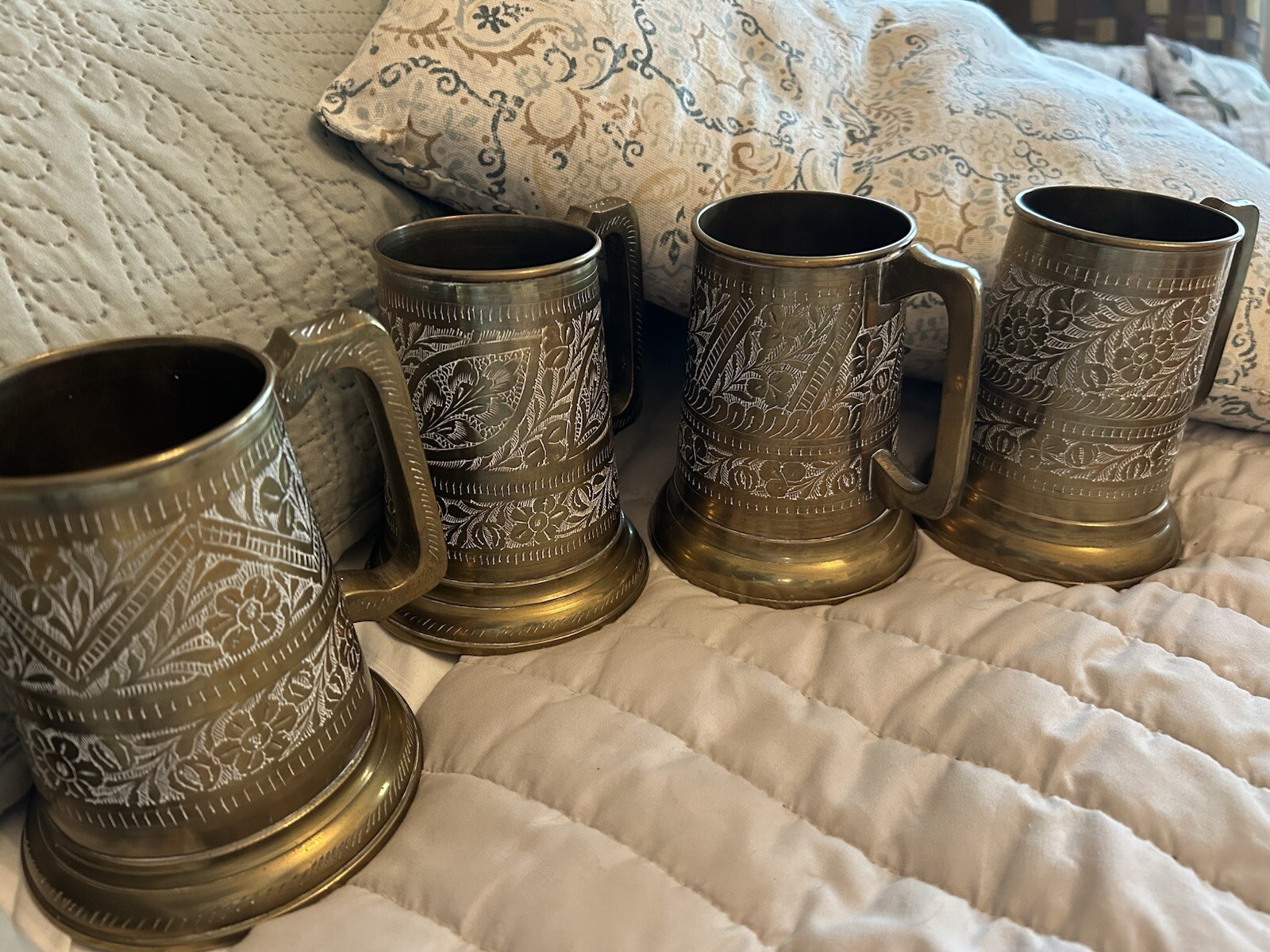 Set Of Four Vintage Hand Etched Copper/Brass Beer Mugs Glass Bases - Pakistan