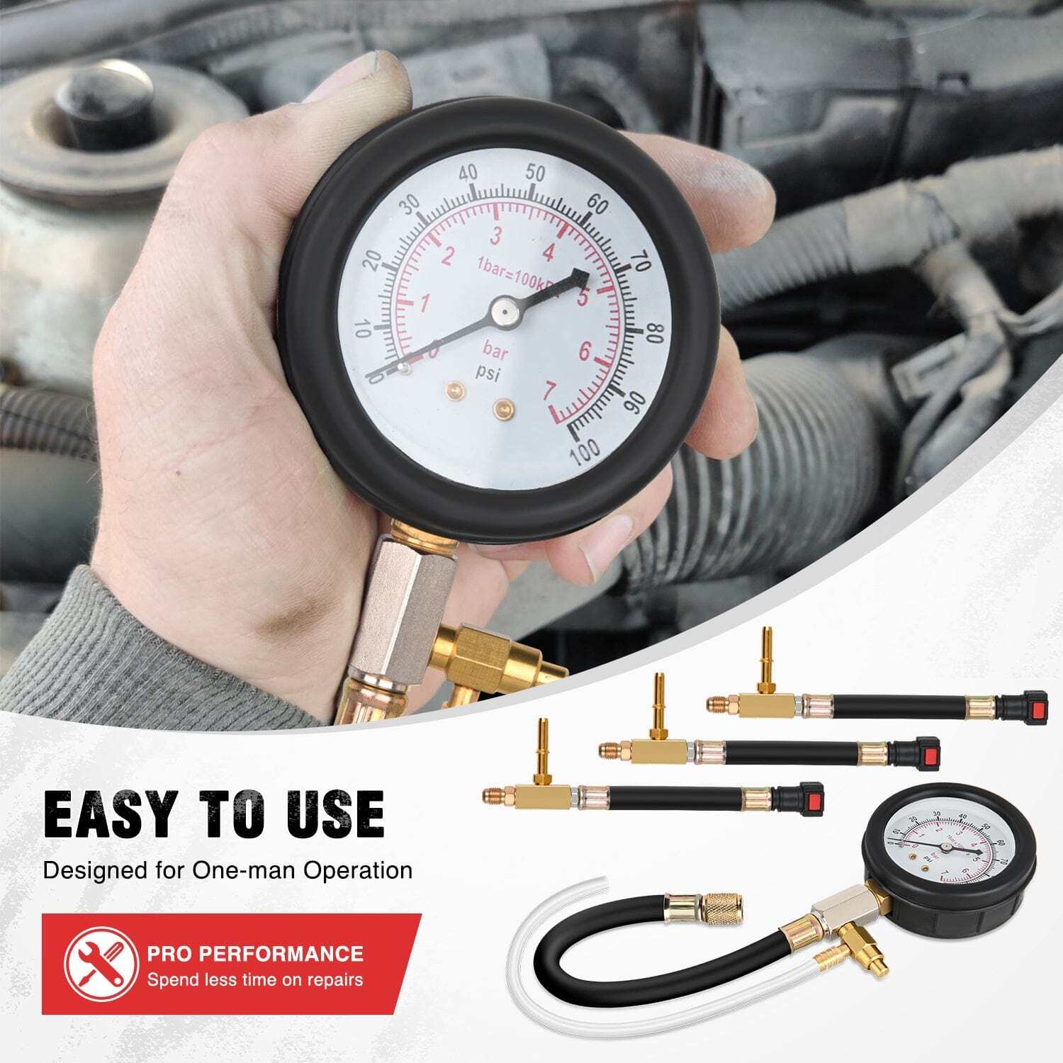 4pcs Fuel Pressure Gauge Tester Kit with 6.30 7.89 9.49 Fuel Line Fittings