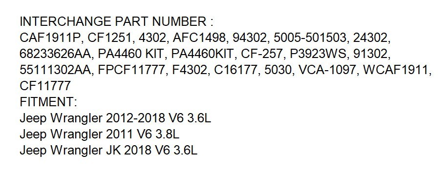 55111302AA Cabin Air Filter FIT 2011 Jeep Wrangler 3.8L 2012-2018 V6 3.6L