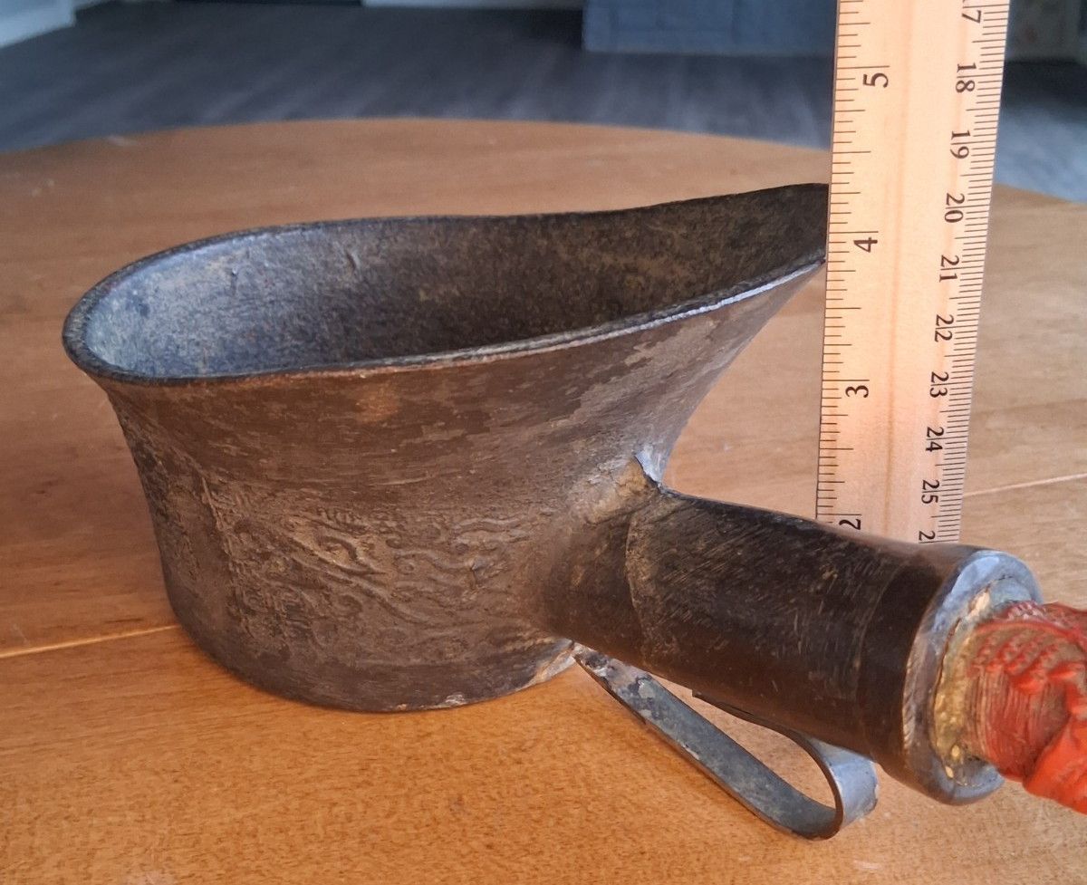 Antique 12" Big Chinese Bronze Silk Iron w/ Carved Cinnabar Handle, Hole Shown