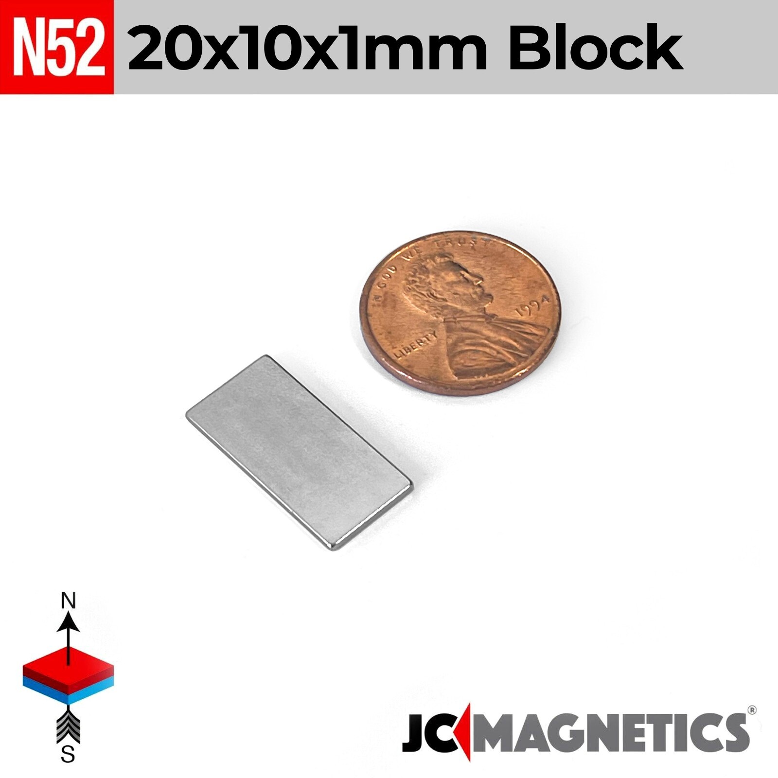 20mm x 10mm x 1mm N52 Thin Strong Rare Earth Neodymium Magnet Block 20x10x1mm