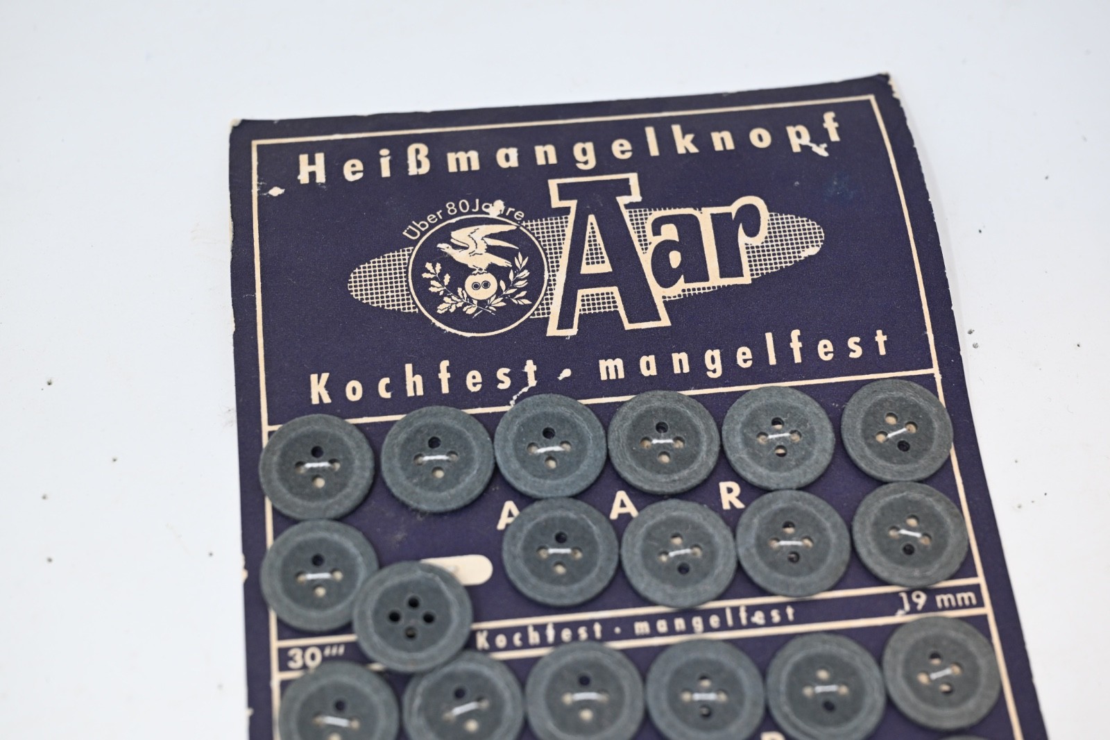 WWII German Original Sheet of Grey Uniform Buttons On Original Card with Box
