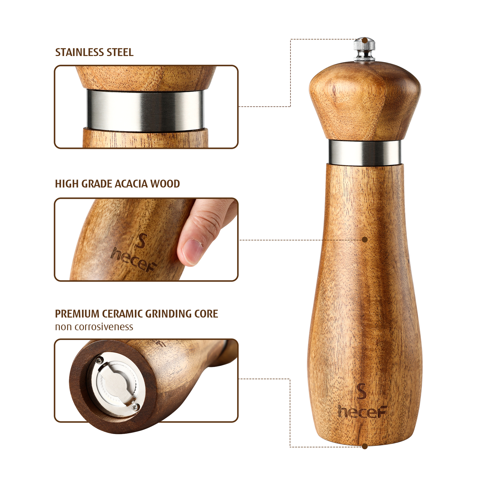2Pcs Salt and Pepper Grinder Set Acacia Wood 21cm Adjustable Ceramic Spice Mill