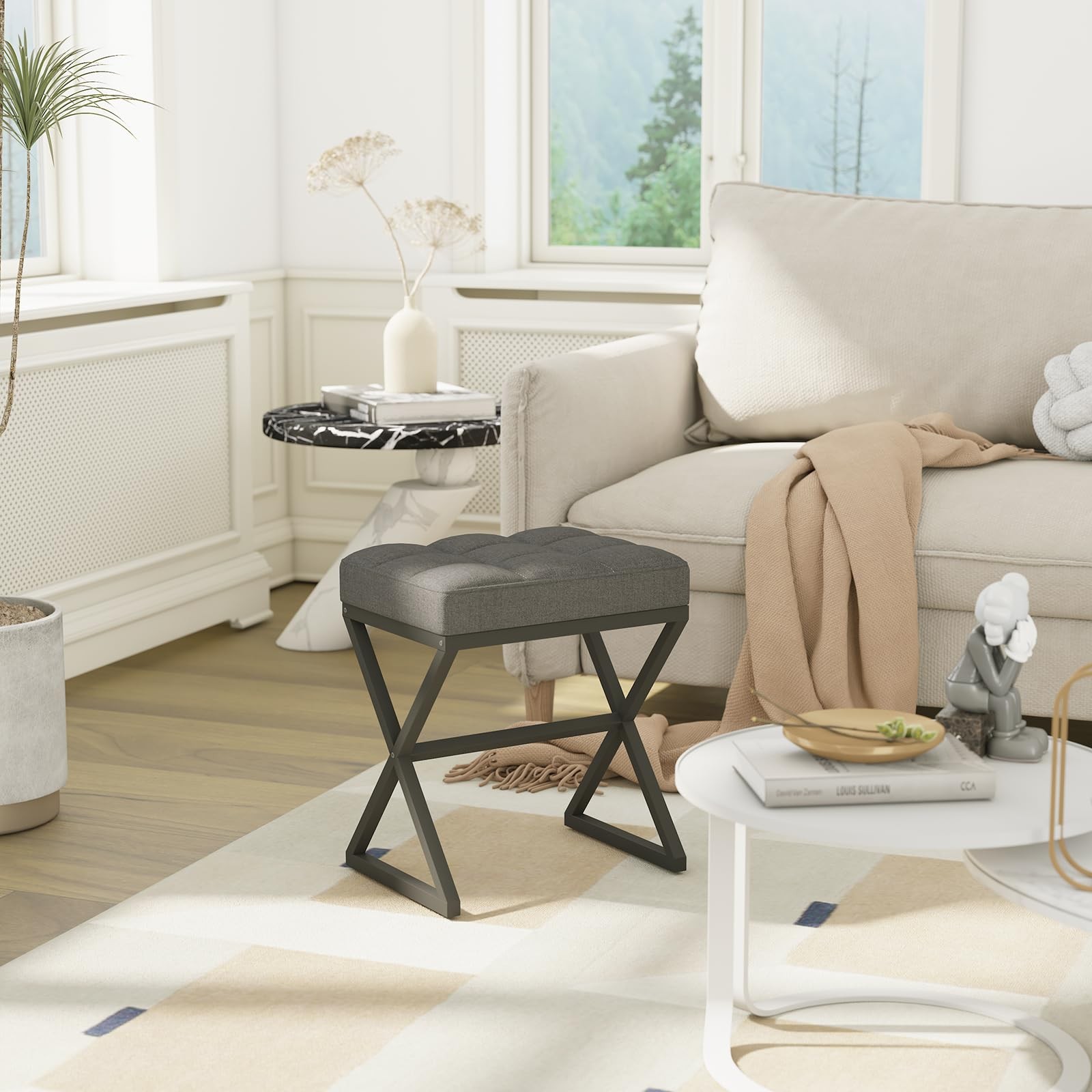 Vanity Stool, Linen Footrest, Ottoman Bench with X-Shaped Metal Legs, Makeup ...