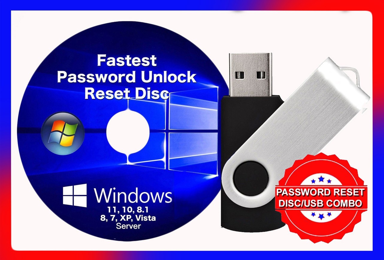 2025 Windows Password Reset USB + Disc Combo Win 11, 10, 8.1, 8, 7, XP, Vista
