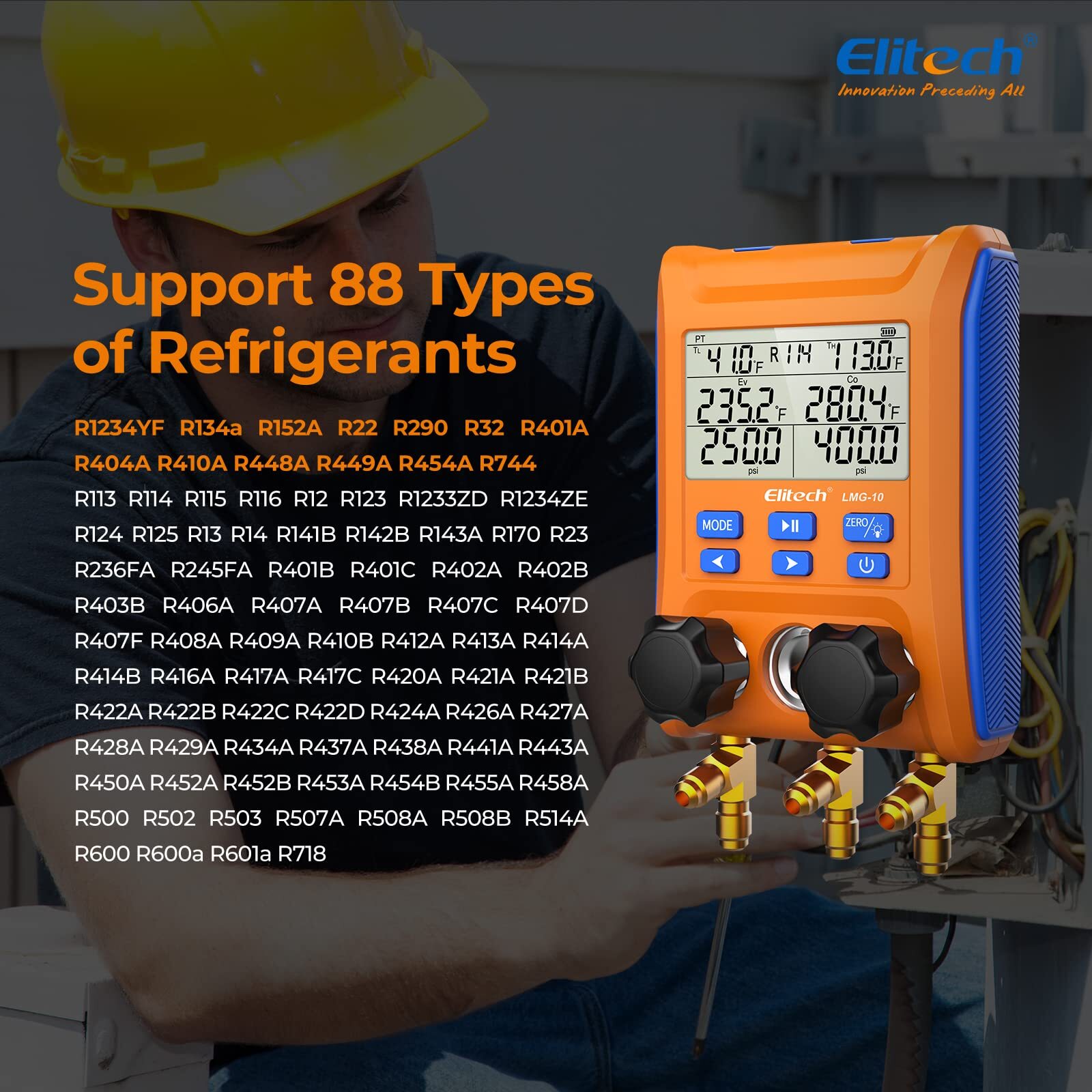 Elitech LMG-10 Digital Manifold Gauge Refrigeration Pressure Vacuum Temp Gauge