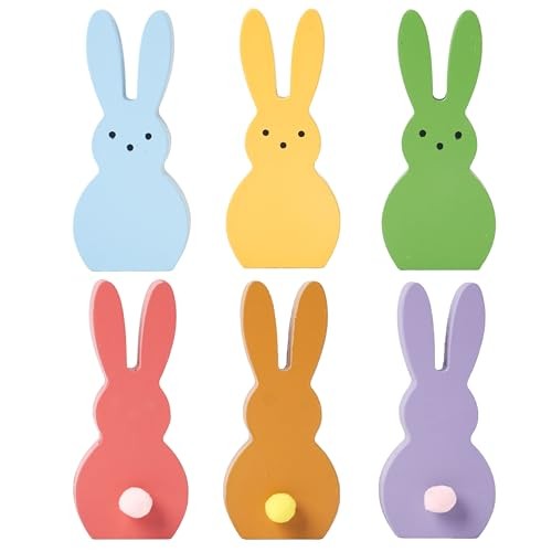 Easter Decorations Bunny Figurine, Wooden Bunny Decor for Set of 6 Multi-color
