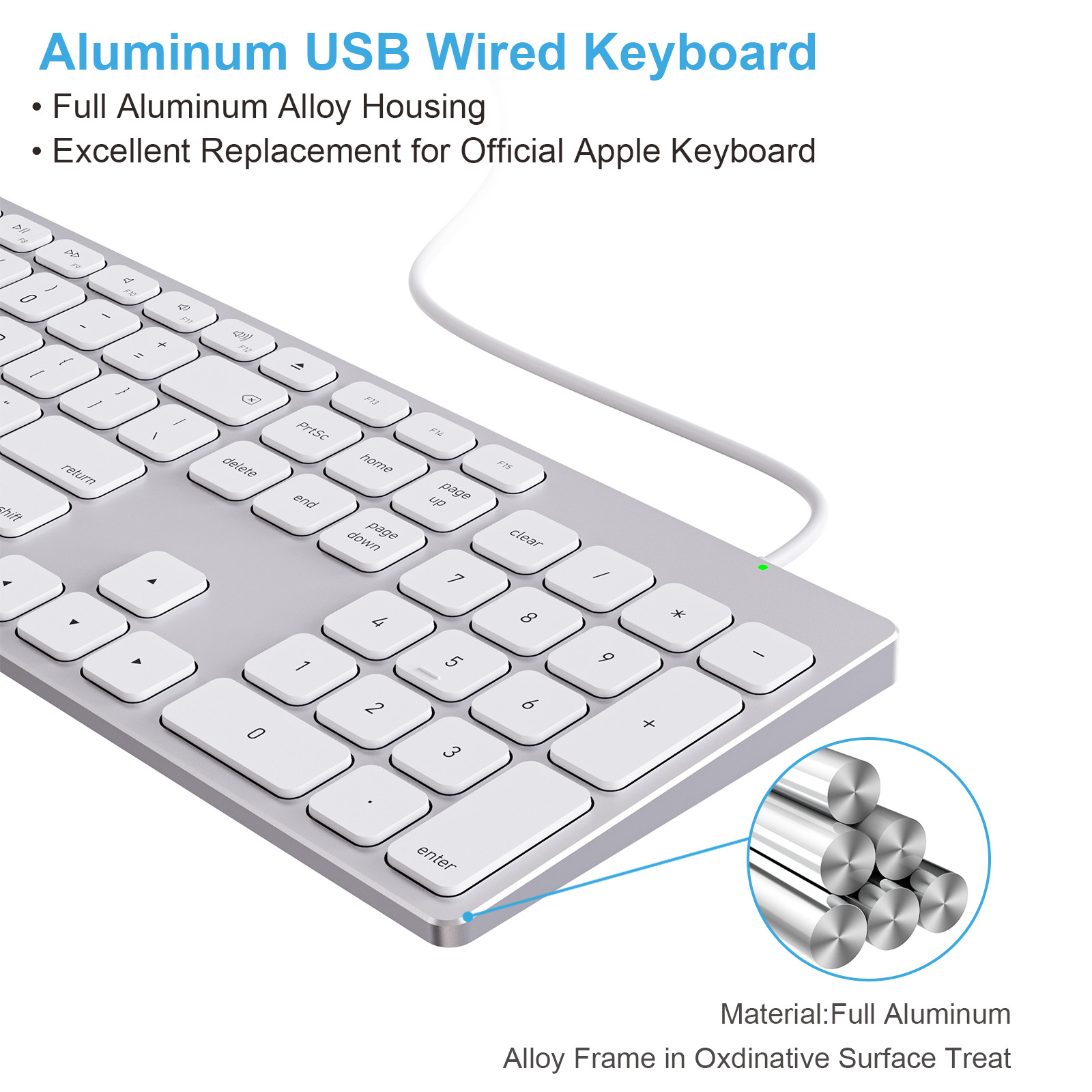 Aluminum Wired Keyboard for Mac OS Devices with Numeric Keypad for Apple iMac