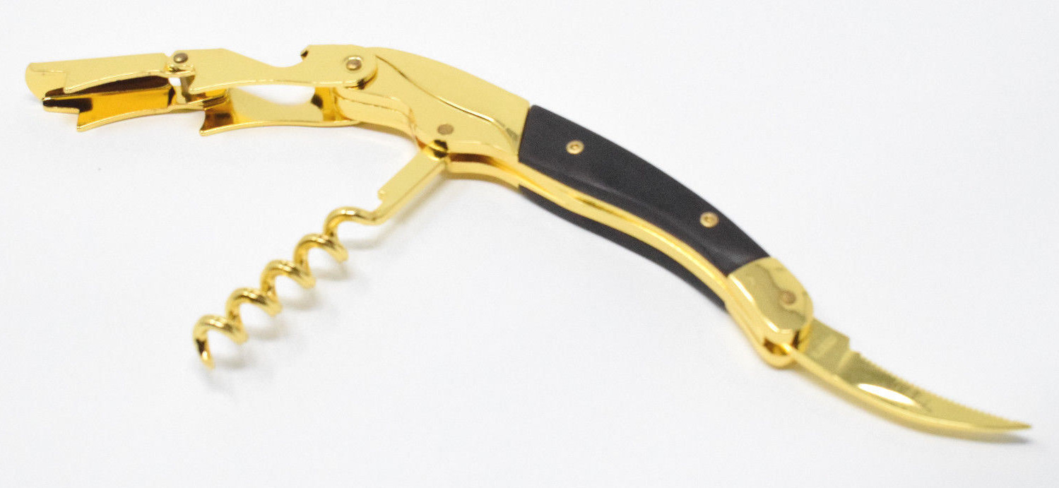 Gold Plated Black Wood Handle Corkscrew Double Hinge Waiters Wine Bottle Opener