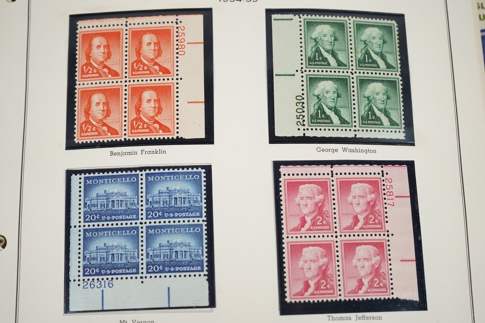 US 1950s-1960s COLLECTION OF 240 MINT PLATE BLOCKS STORED IN MINKUS ALBUM