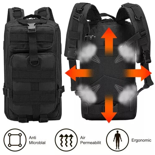 30L Military Black Tactical Backpack Rucksack Camping Hiking Bag Outdoor Travel