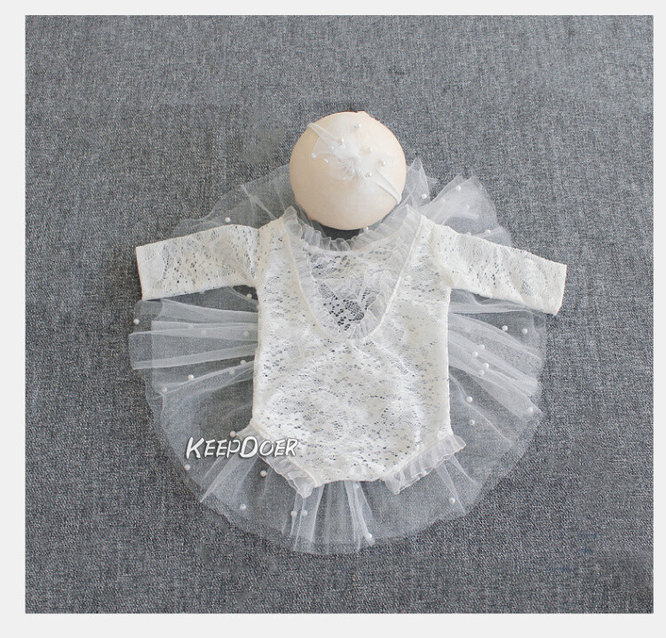 Newborn Baby Girl Lace Pearl Dress Skirt Headband Photography Props Photo Shoot