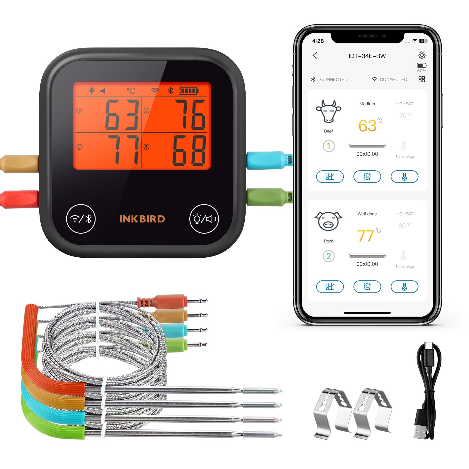 Inkbird WiFi Meat Thermometer BBQ Cooking Thermometers APP Calibration Temp Grap