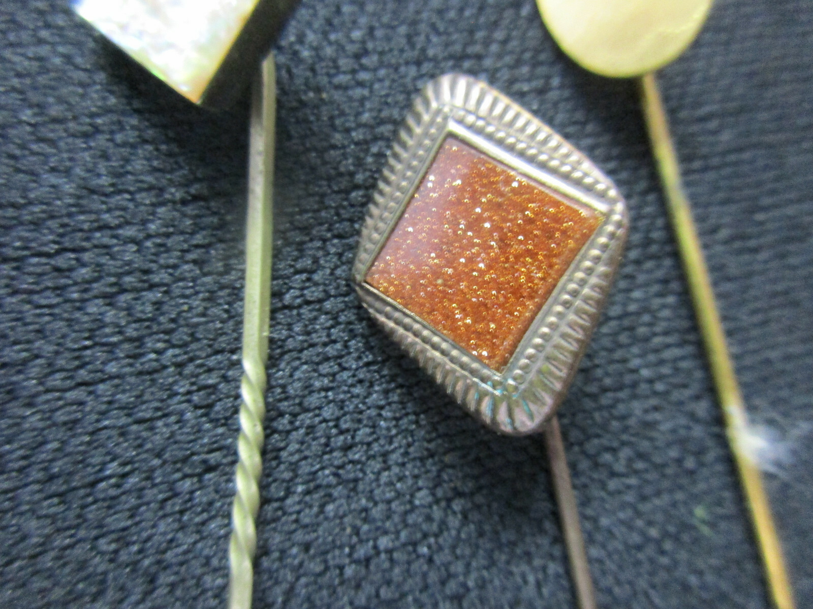 Group of 3 Vintage Stick Pins 1 GF patterned 1 Oval Mother of Pearl 1- Goldstone