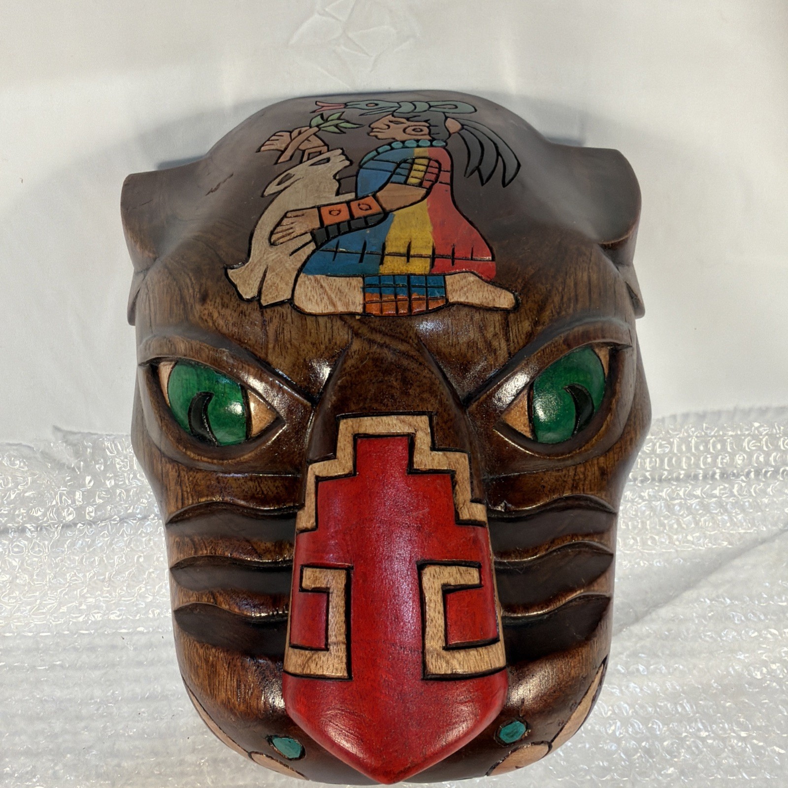 Vintage MCM Mayan Handcarved Wood Jaguar Panther Head Folk Art Rare