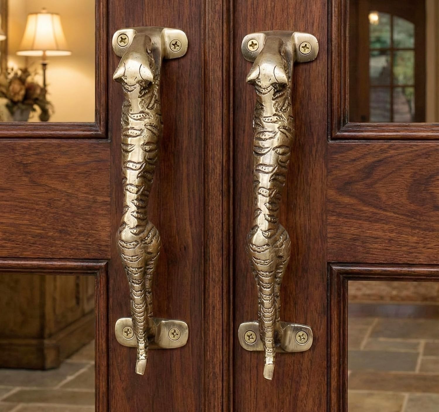 Set of 2 Antique Look Golden Brass Jaguar/Tiger Door Pull Door Handle