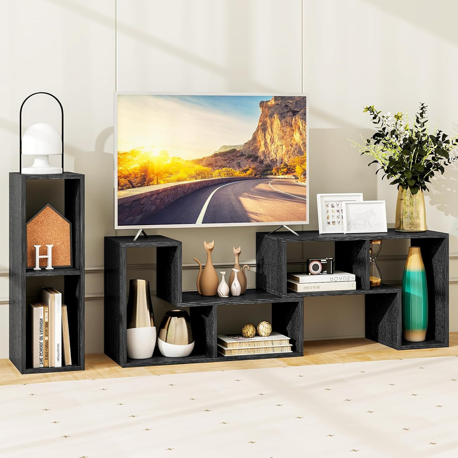 3 Piece Adjustable TV Stand Console Media Center for 50-65 Inch TV Black