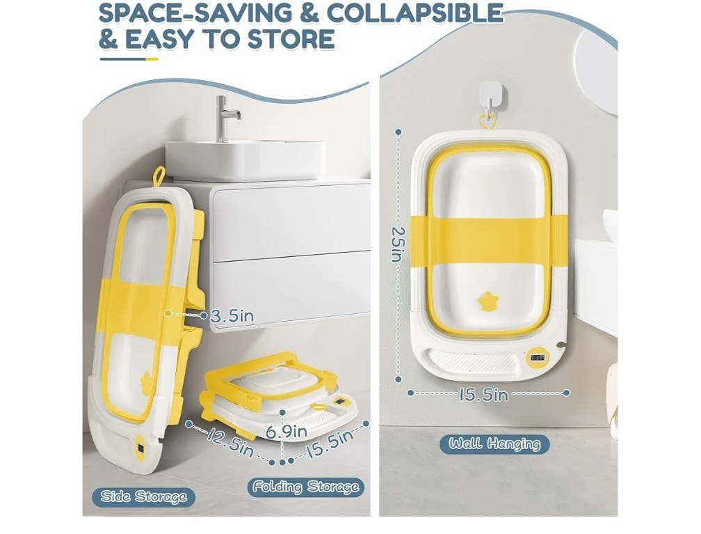 Collapsible Baby Bathtub Portable Foldable Thermometer Cushion for 0-36 Months