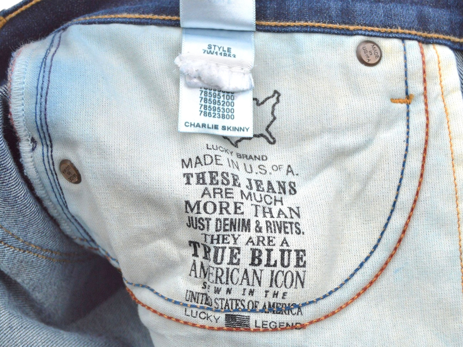 Lucky Brand Charlie Skinny Jeans Womens 6/28 Dark Blue Denim White Oak Cone USA