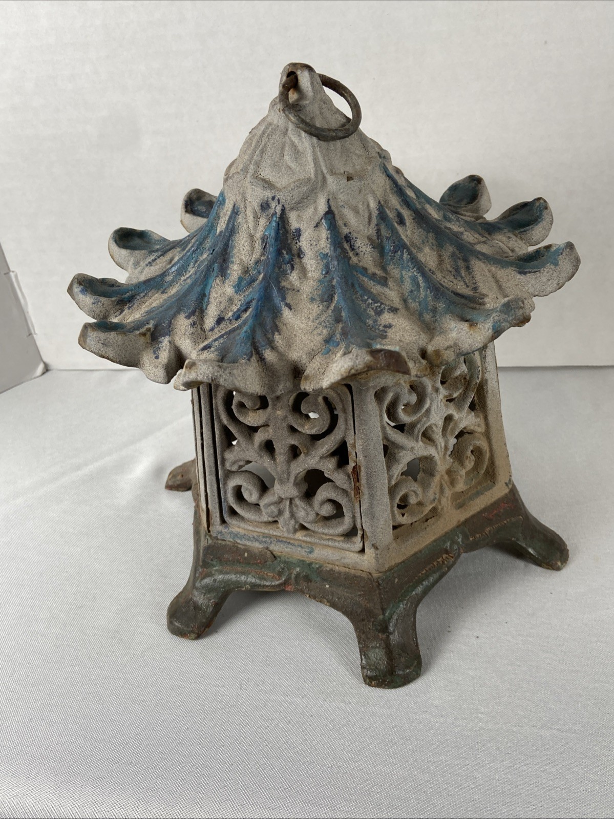 Vintage 9” Large Cast Iron Asian Pagoda Tea Light Candle Heavy Hanging Lantern
