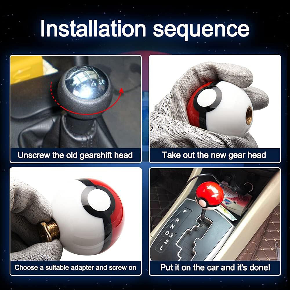 Universal Pokemon Shift Knob Round Poke Ball Gear Shifter Head with 3 Adapters