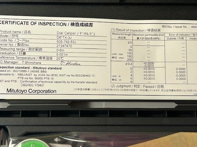 6" DIAL CALIPER .001" GRAD. MITUTOYO 505-742-53J GREEN FACE