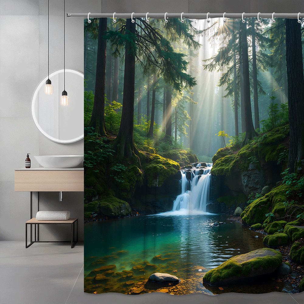 Forest Waterfall Shower Curtain Nature Scenic Green Woodland Stream