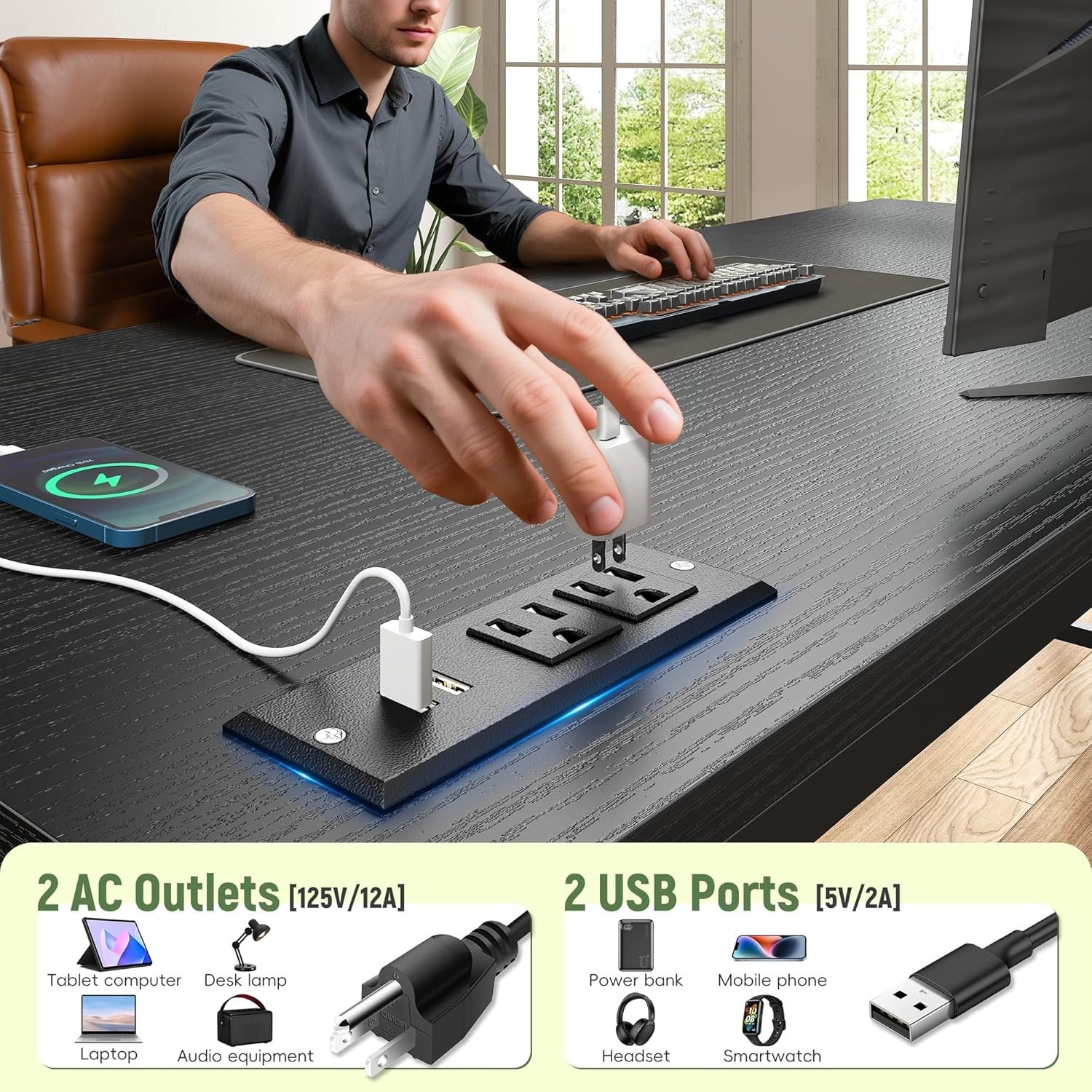 39.3Inch Office Desk with Power Outlet & Drawer, Gaming Desk with CPU Stand& LED