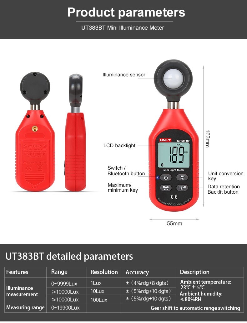 UNI-T Digital Bluetooth Illuminometer Light Meter Luxmeter 199900Lux UT383BT