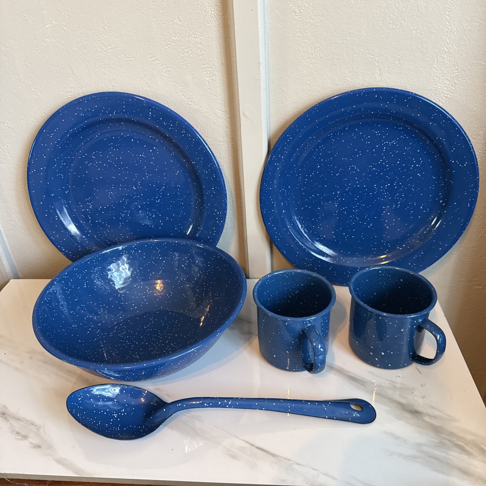 Vintage Blue Speckled Enamelware Lot: 2 Plates, 2 Cups, Salad Bowl, Ladel : New