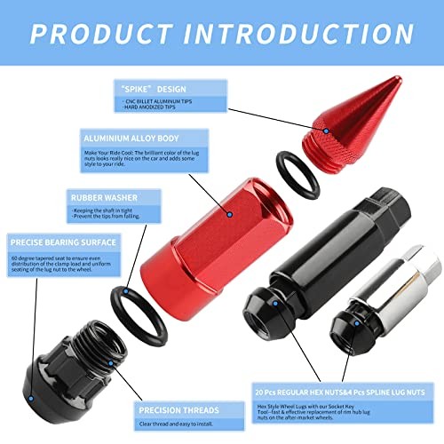 24Pcs Anti Theft Spikes Extended Tuner Wheel/Rims Lug Nut M14X1.5+Socket() Red
