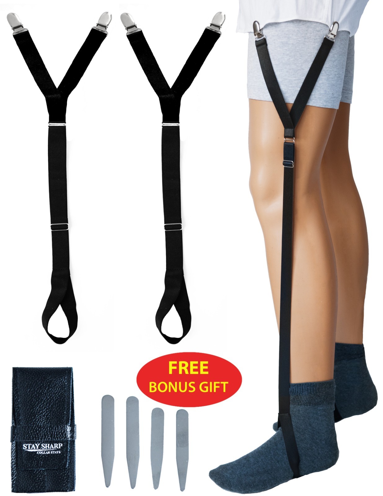 GARTER SHIRT STAYS BLACK MILITARY GRADE ADJUSTABLE COMFORTABLE + FREE GIFT