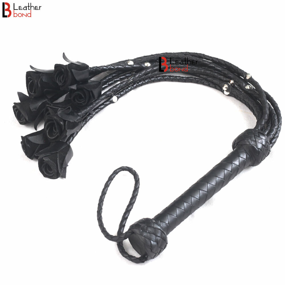 Rose Flogger Real Cowhide Leather 9 Braided Falls Heavy Black Roses & Studs