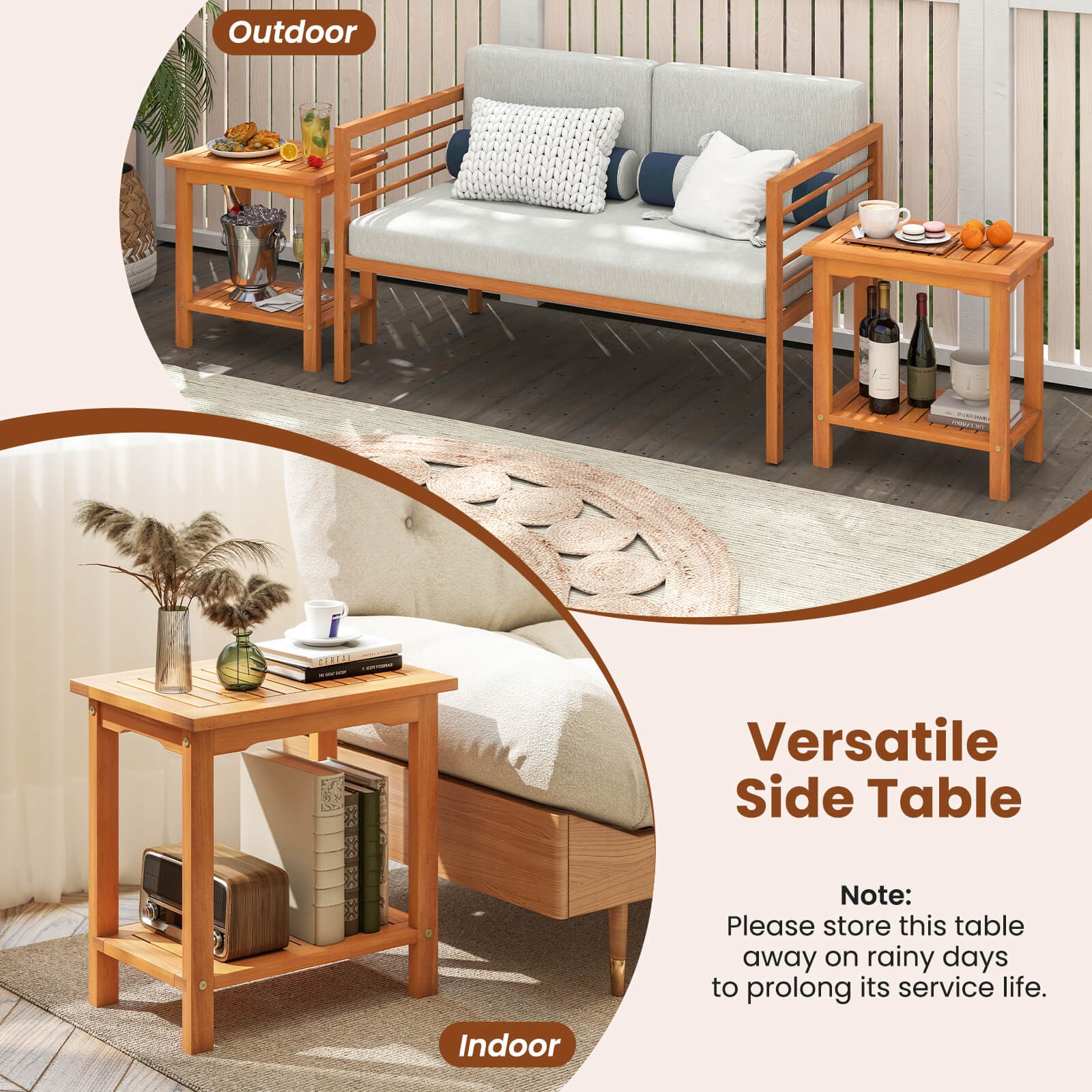 Outdoor Acacia Wood Side Table 2-Tier Patio End Table with Slatted Tabletop