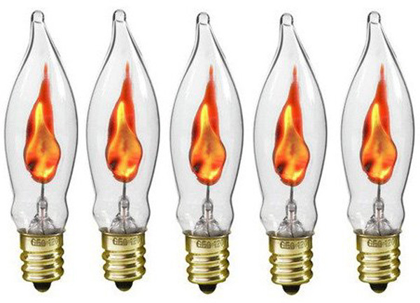 Box of 5 Flicker Flame Light Bulbs, E12 Candelabra Base, 3 watt (#A101)