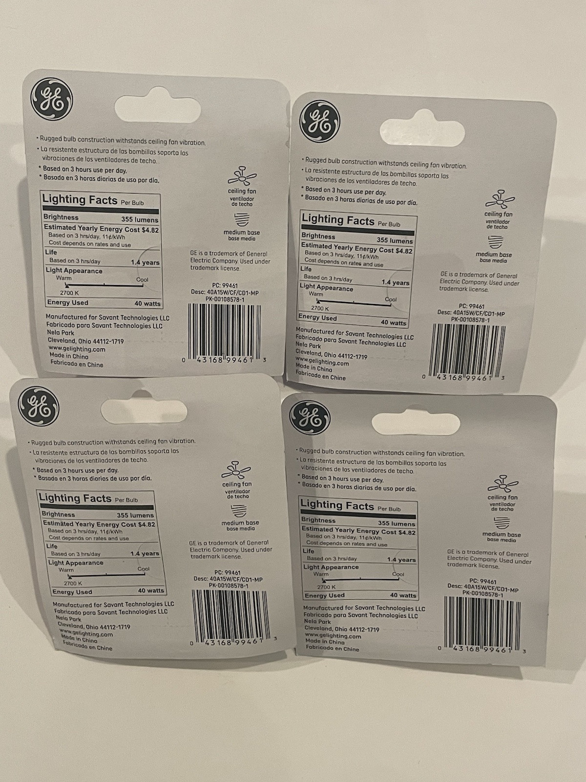 4 Soft White GE Ceiling Fan Bulbs 40W 355 Lumen Vbration Resistant