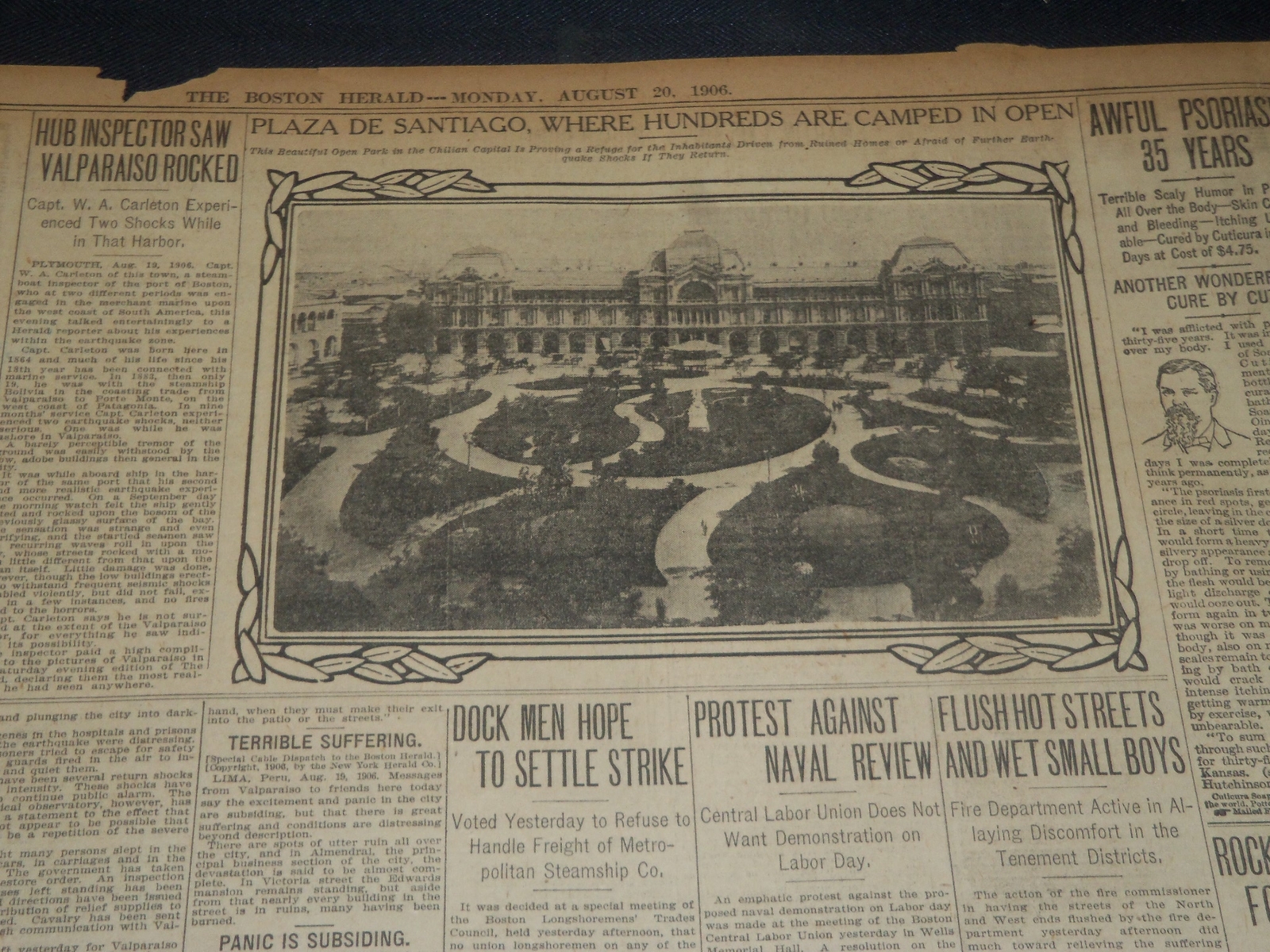 1906 AUG 20 THE BOSTON HERALD - VALPARAISO NOW FACES FAMINE PESTILENCE- BH 108