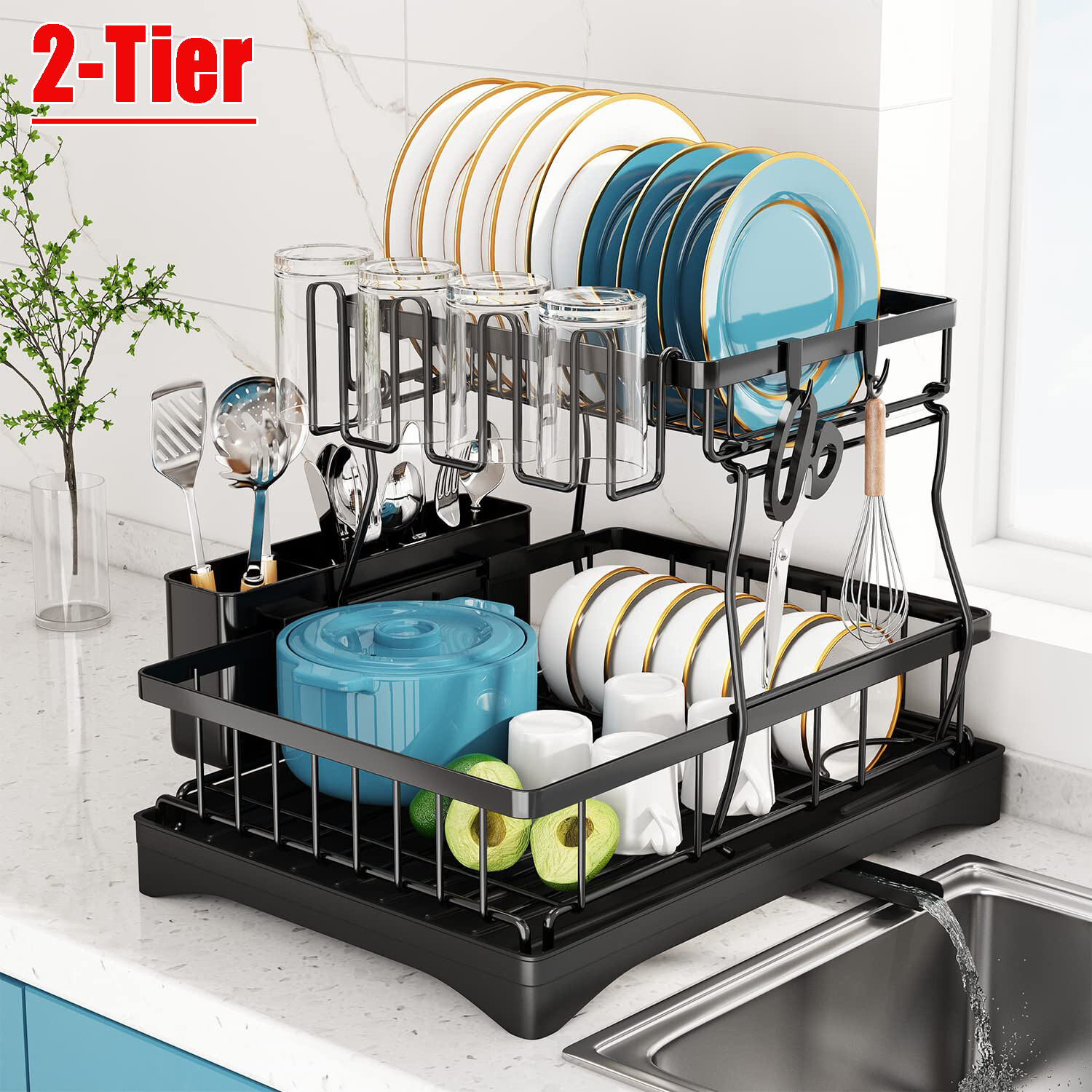 Over Sink Dish Drying Rack 2-Tier Stainless Steel Kitchen Shelf Cutlery Drainer