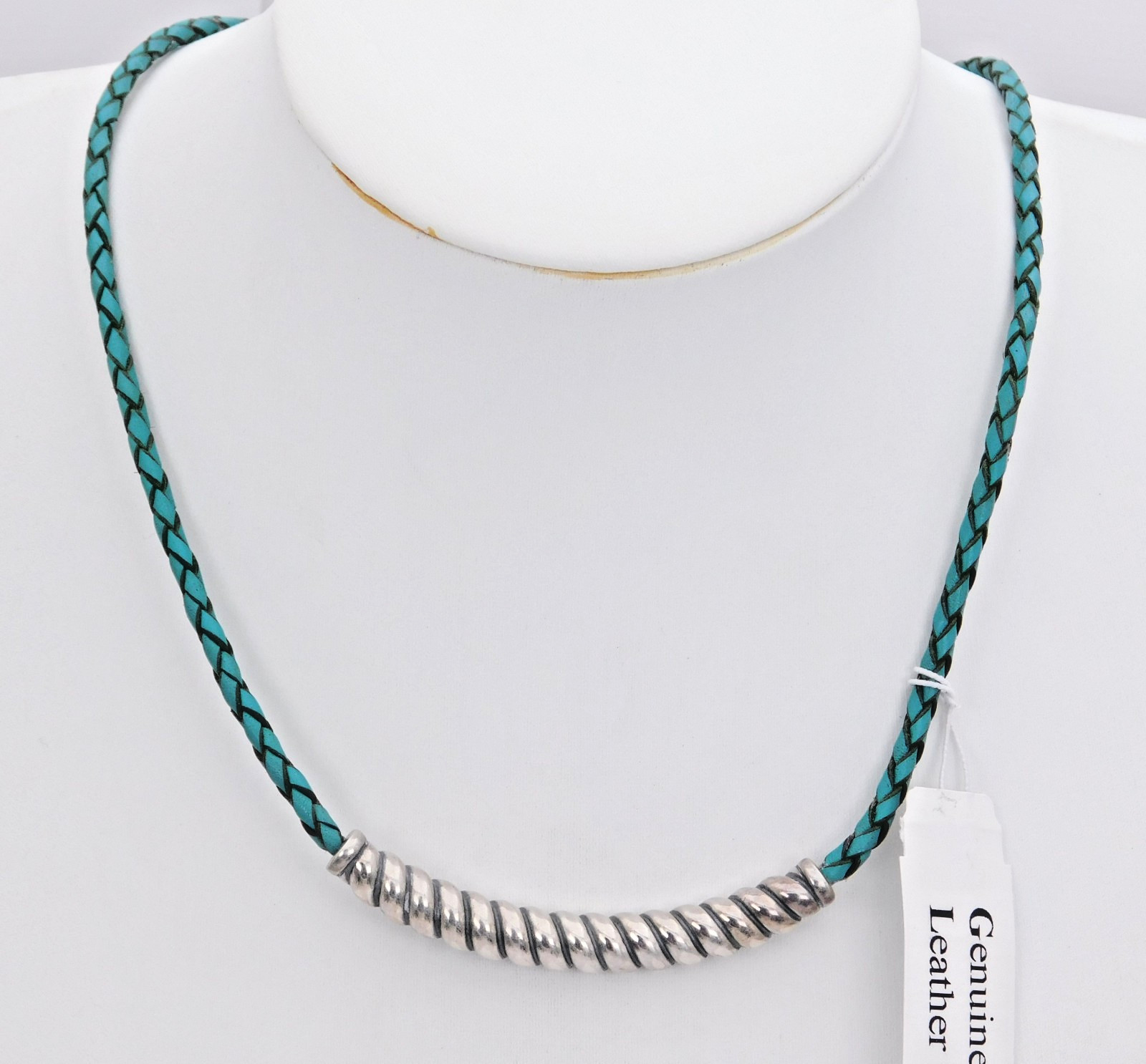 New Carolyn Pollack Sterling Turquoise Leather Scalloped Bar Necklace 16-18"