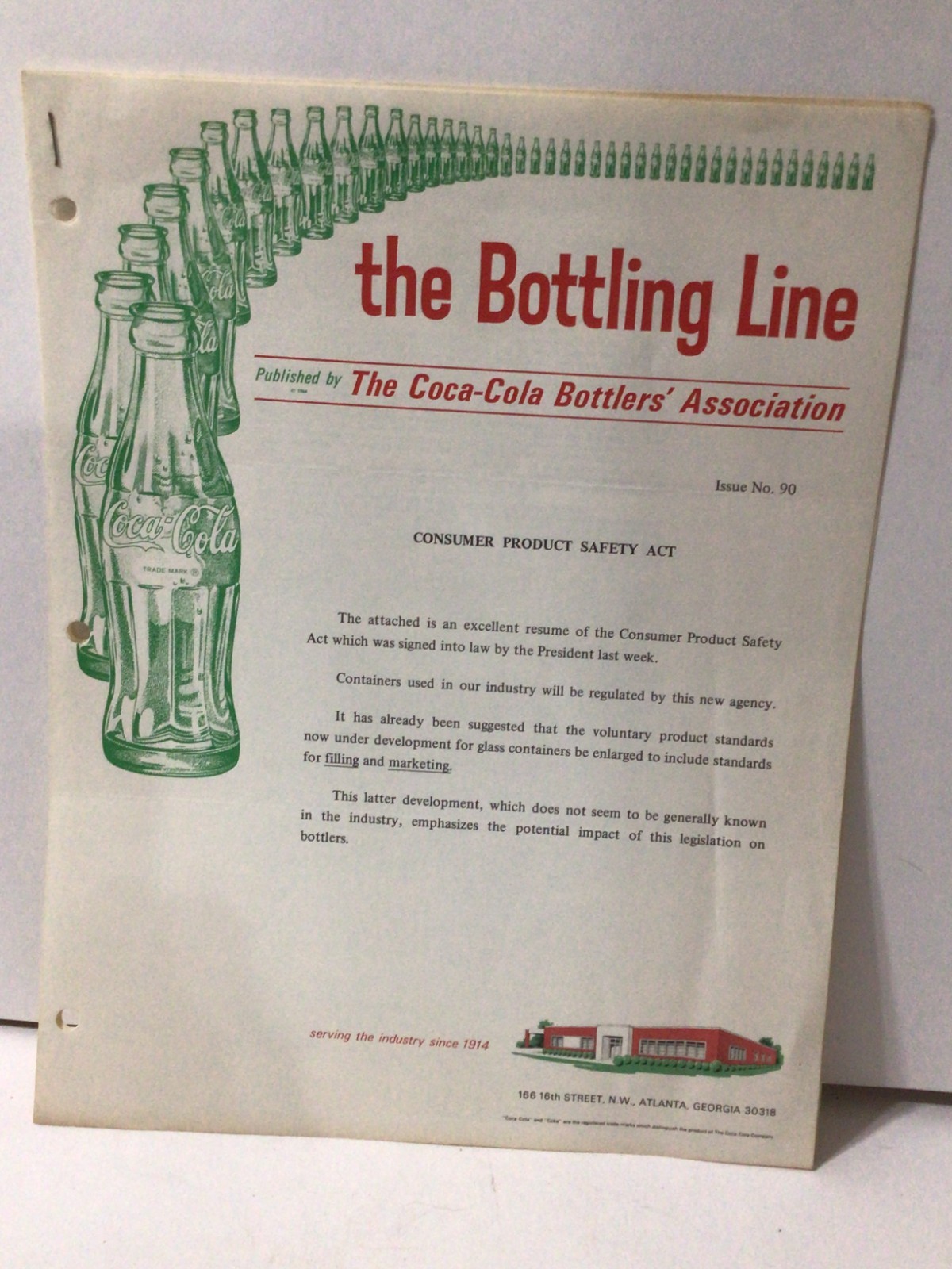 The Bottling Line Coca Cola Bottlers' Association 1972 Letterhead & Attachment