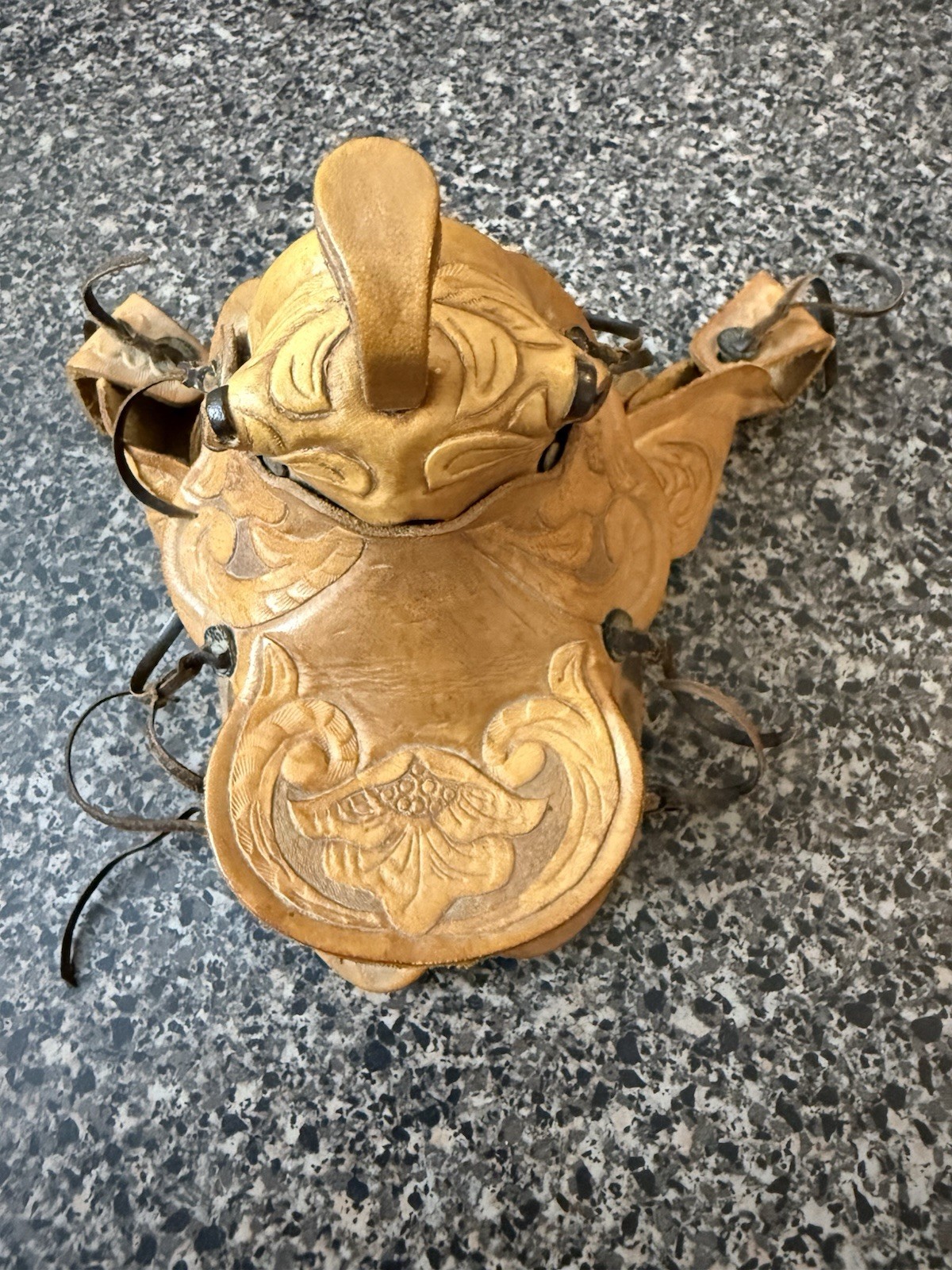 Vintage Western Mini Leather Saddle Cowboy Ranch Decor Shearling Tooled 6”x4.5”