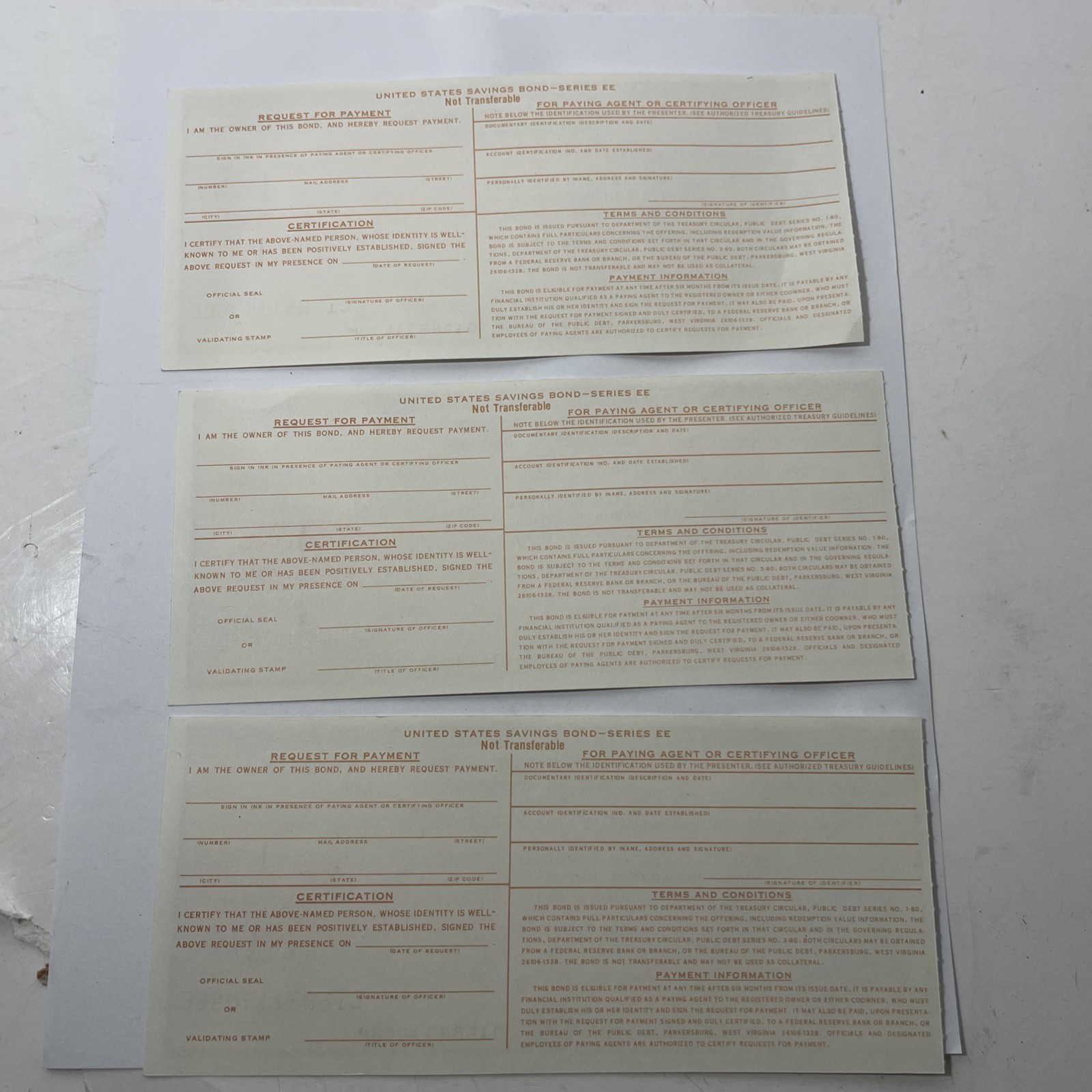 US 1988 Savings Bond Series EE $100 Dollar Jefferson Unsigned Lot 3 Consecutive