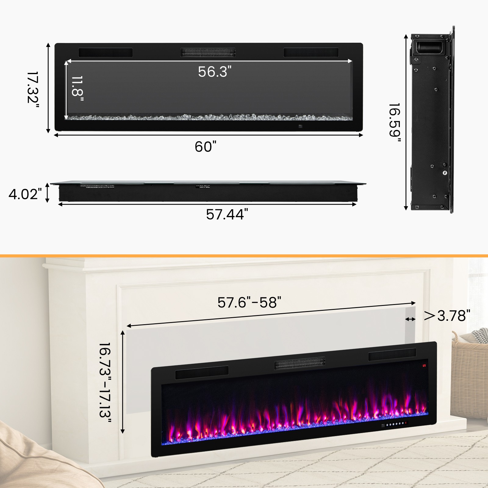 60" Linear Electric Fireplace 1500W Recessed Wall-Mounted w/ Multi-Color Flame