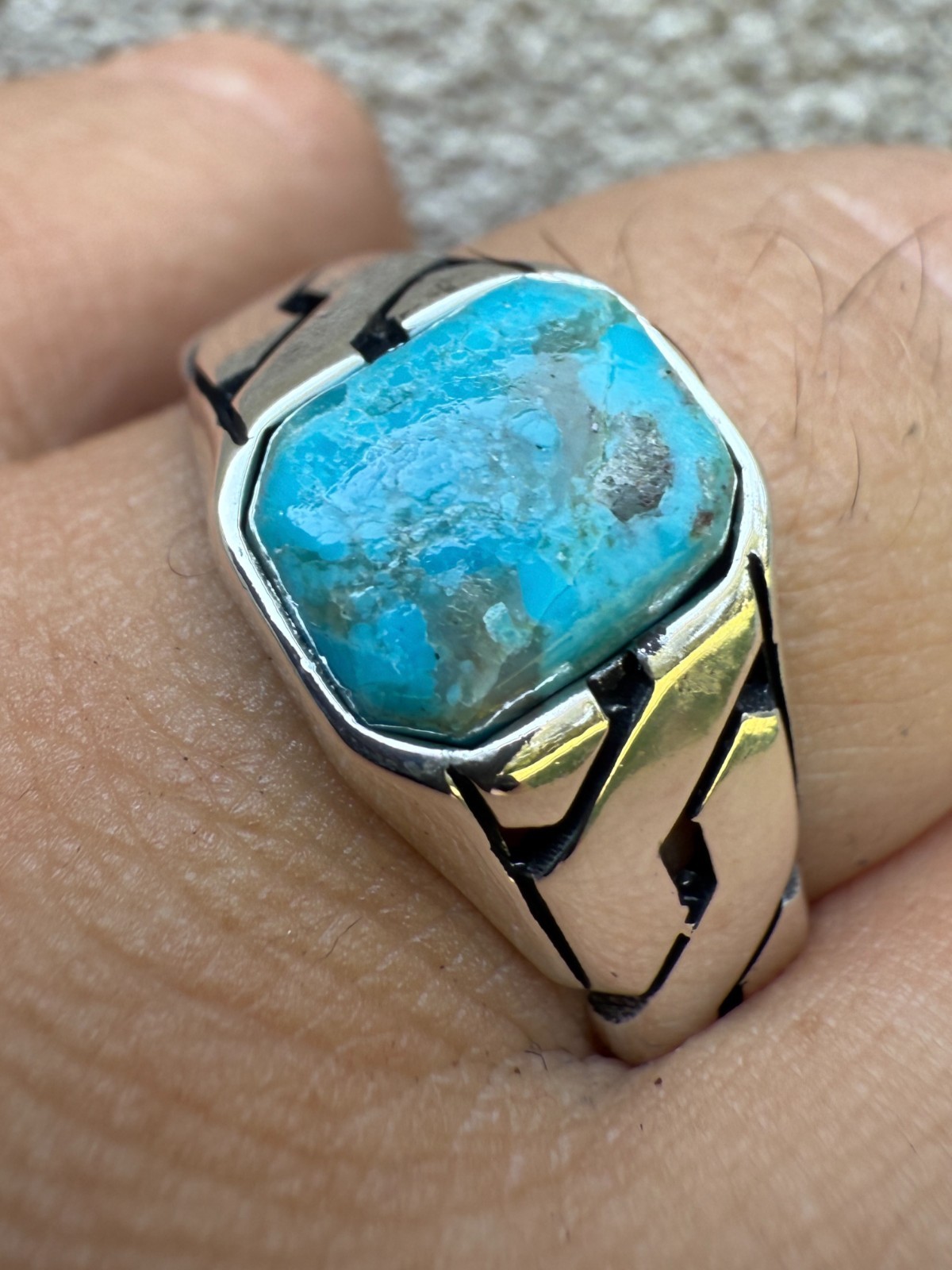 Real Blue Turquoise Gemstone Mens Solid 925 Sterling Silver Cuban Link Ring