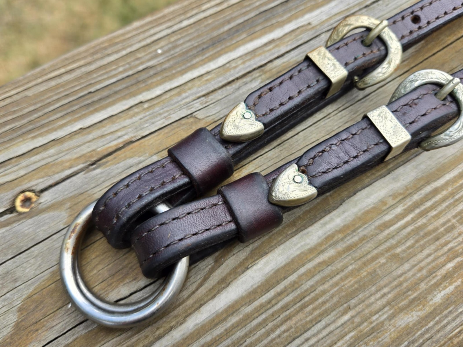 VINTAGE Doubled Stitched Brown Leather MEXICO SILVER Buckle Sets Western Hobbles