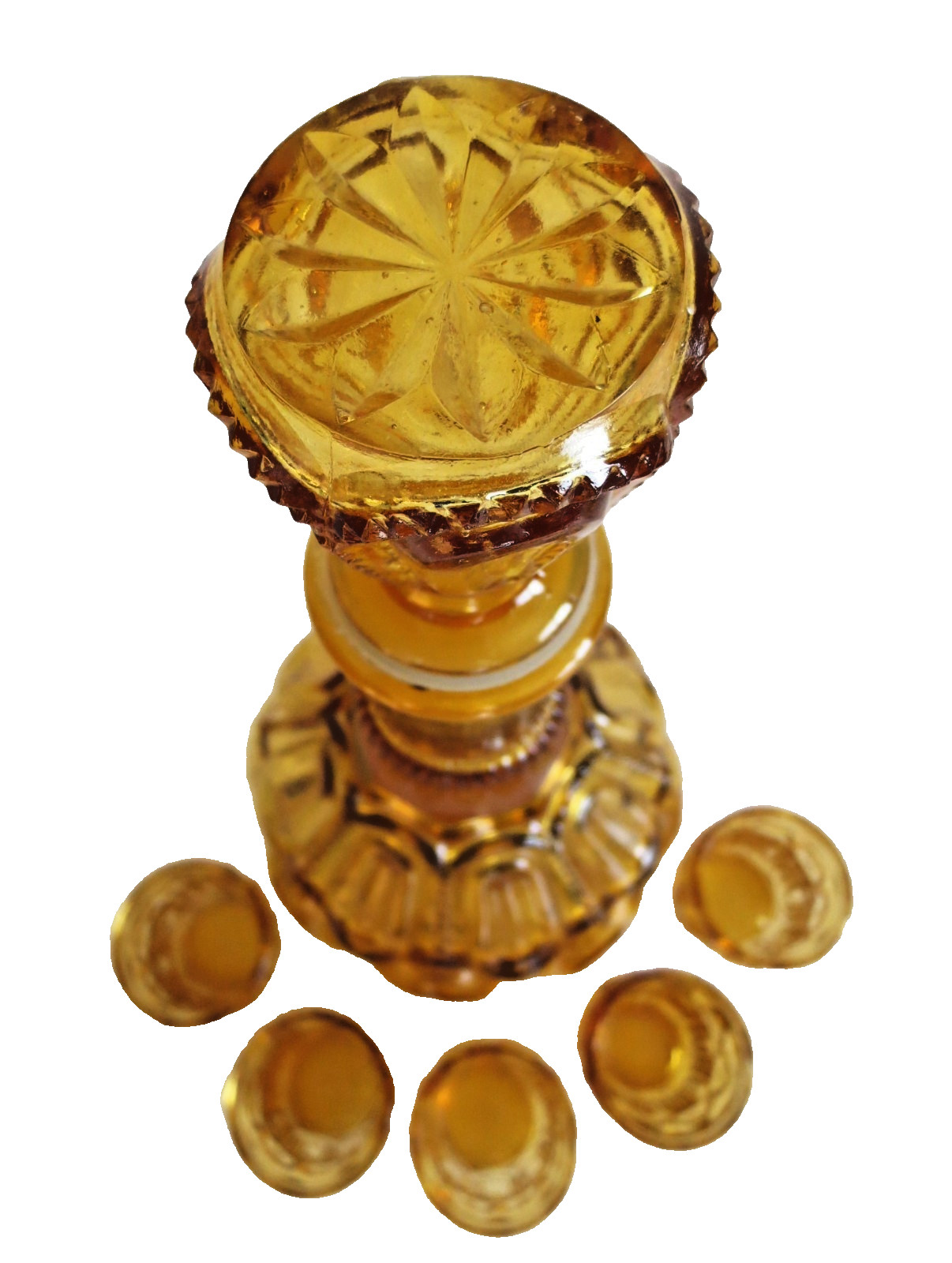 MCM CRYSTAL DECANTER STOPPER AND 5 CORDIAL/SHOT GLASSES AMBER BROWN GLASS VTG