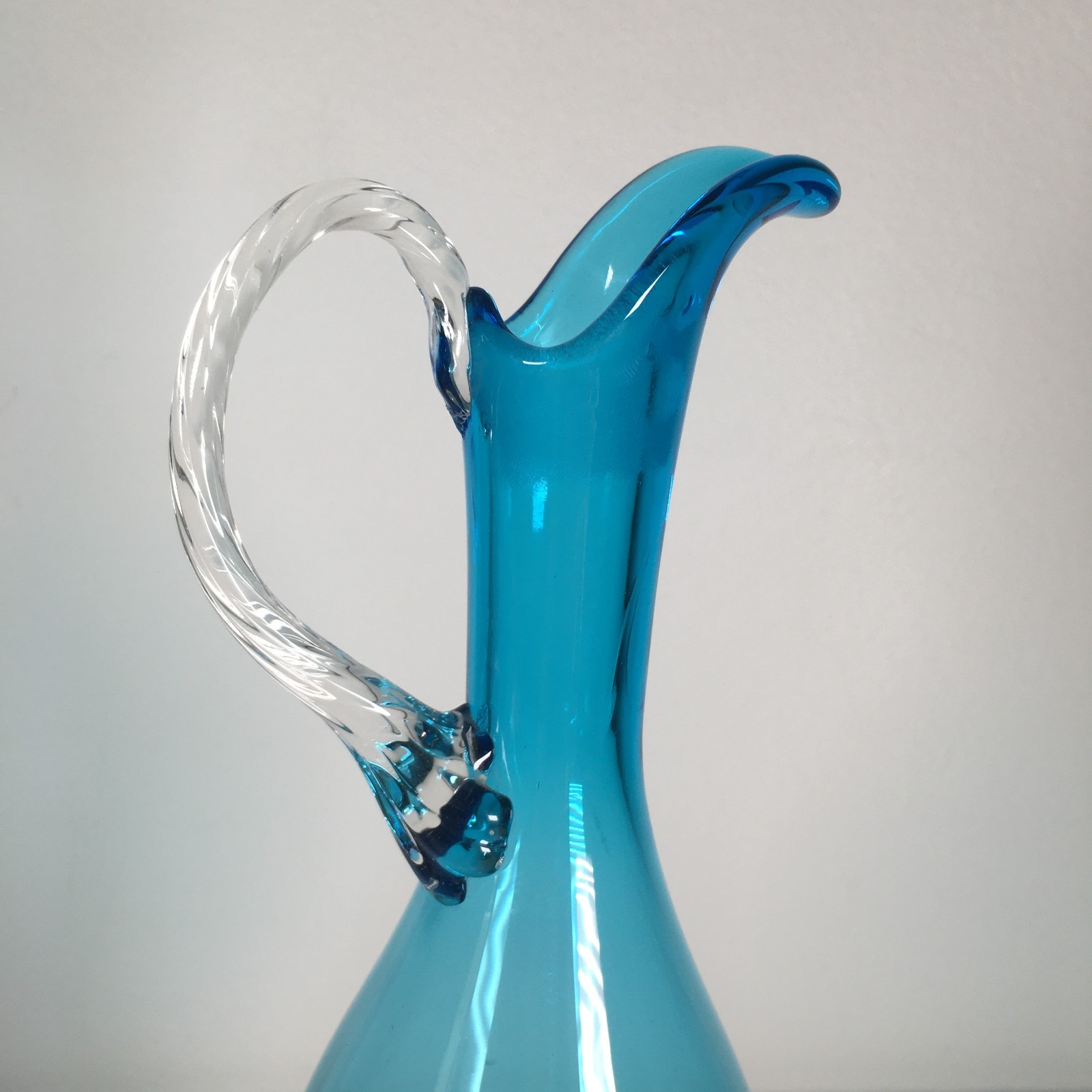 Vintage MCM Empoli Turquoise Glass Decanter w/Clear Flame Glass Stopper 20"