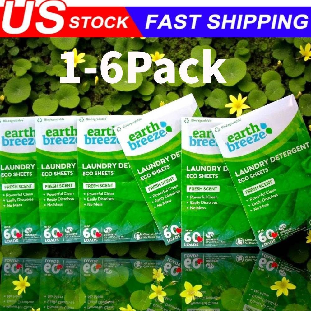 1-6 Pack Earth Breeze Laundry Detergent Eco-Sheets 60-Loads Each, Fresh Scent